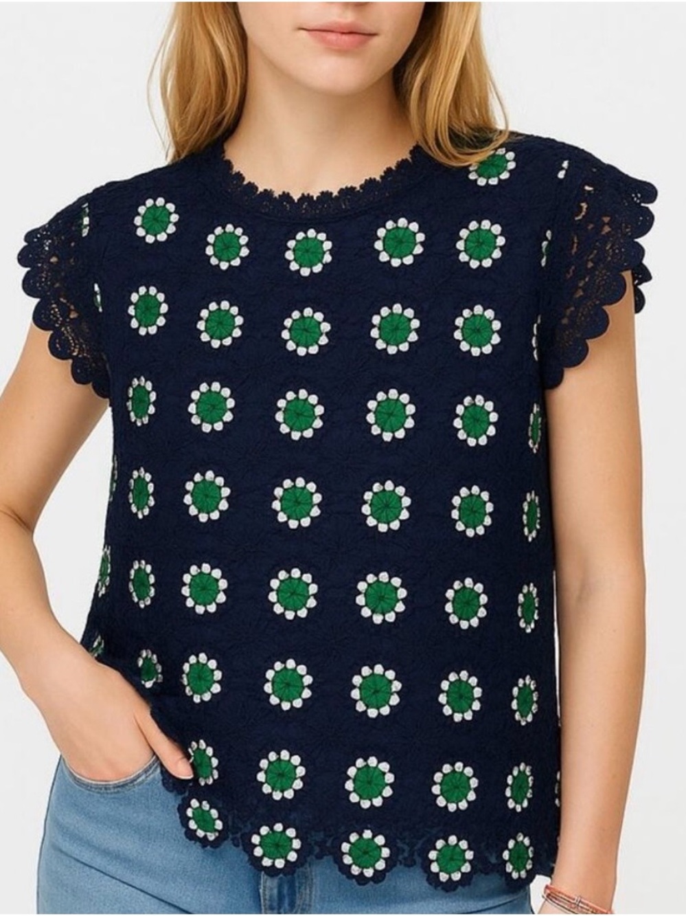 J. Crew Crochet Floral Navy Green Top SzXS